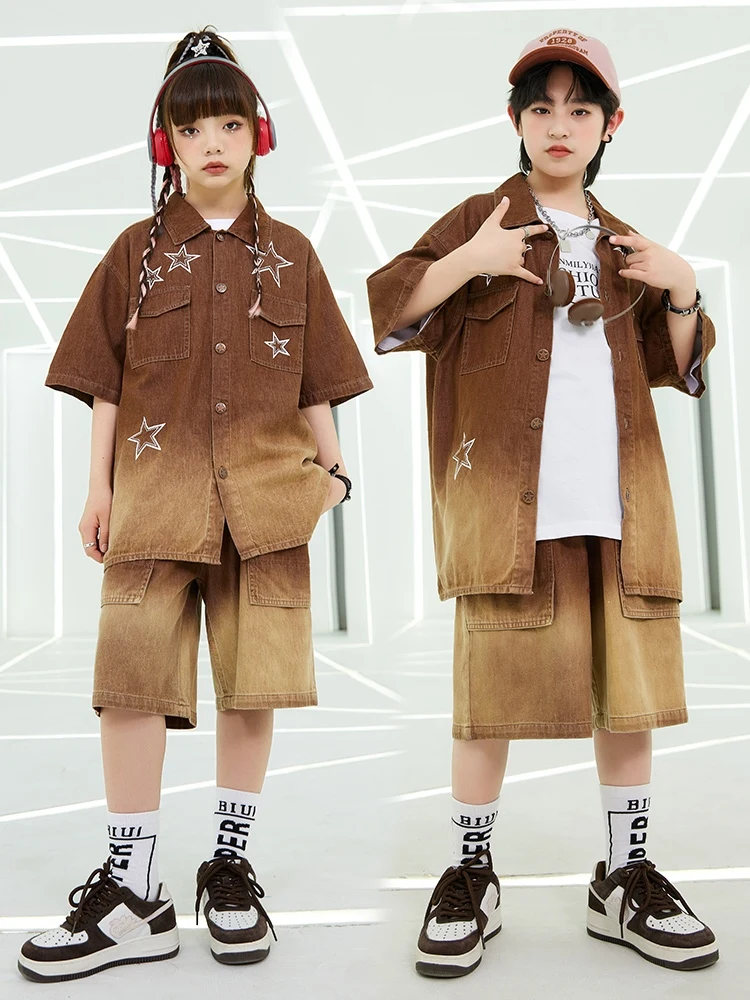 

Boys Hip Hop Dance Clothes Brown Loose Shirt Shorts Street Dance Clothing Girls Jazz Kpop Performance Costume Stage Suit BL12906