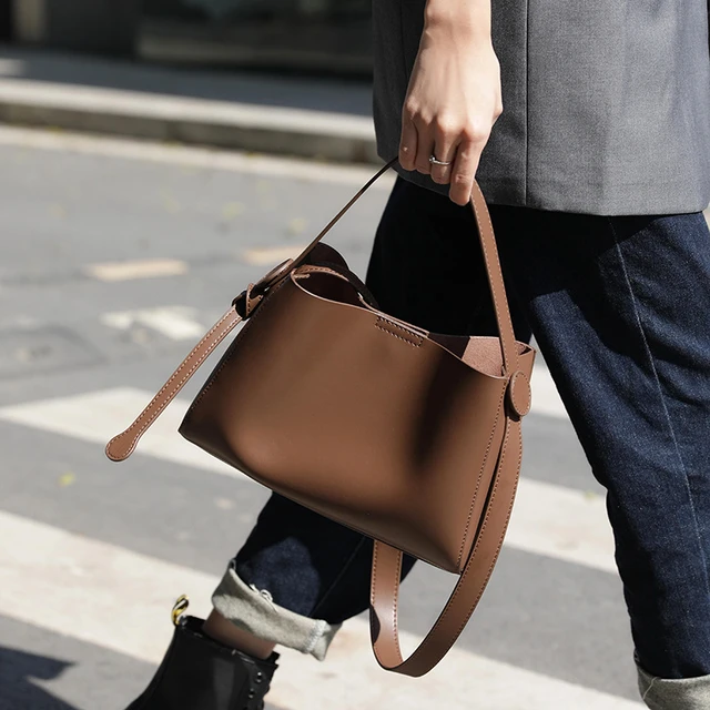 Women's Brown Genuine Leather Shoulder Bucket Bag