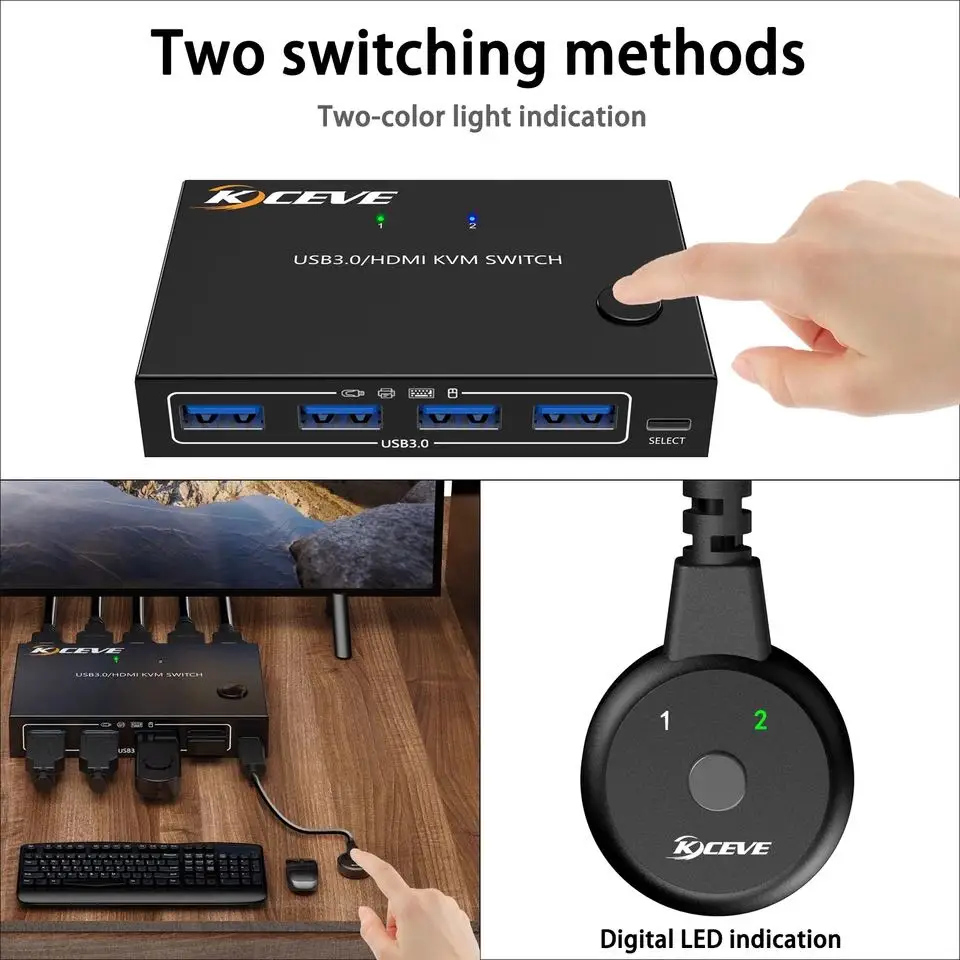 

2 In 1Out USB 3.0/4K@60Hz HDMI KVM Switch Box for 2 PC Sharing Keyboard Mouse Printer Plug Video Display USB Swltch Splitter