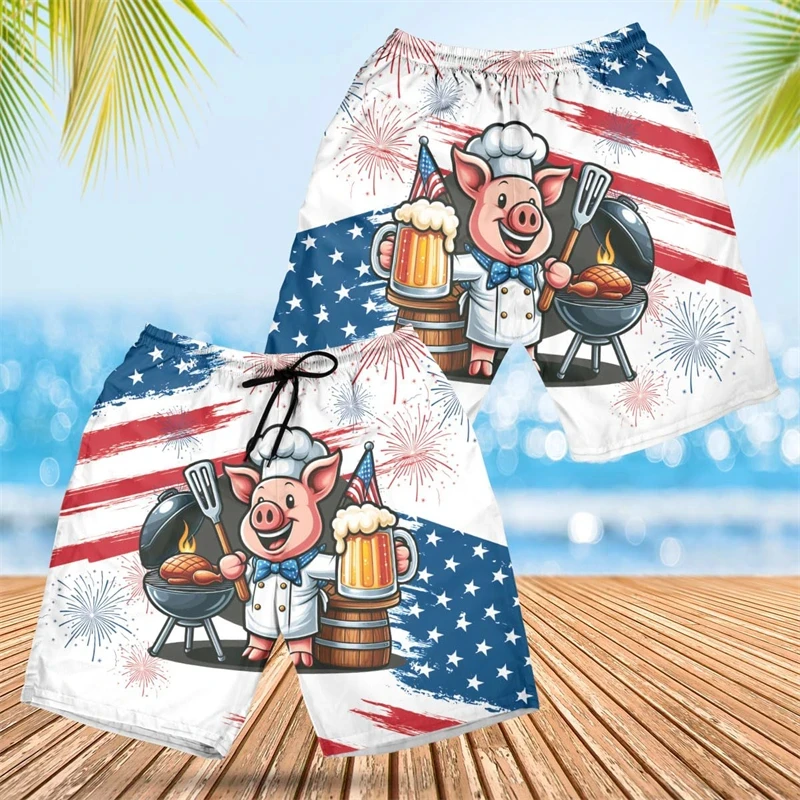 Kawaii Cartoon Pig Graphic Short Pants For Men Clothing Funny Design Beach Shorts Hawaiian Swim Trunks Women Aloha Trousers 2024 3