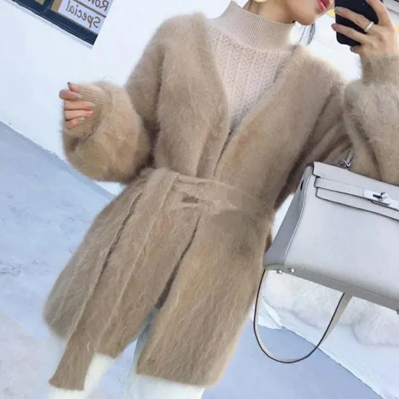 Autumn/Winter 2023Women New Coat Plus Velvet Long Sleeve Sweater Cardigan Lazy Style Lace Mink Fleece Loose Mid-length Coat