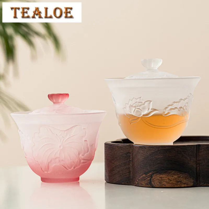120ml Elegant Gradient Pink Blue Lotus Glass Gaiwan High End Crystal Three Talent Tea Tureen Tea Brewing Cover Bowl Cafes Craft