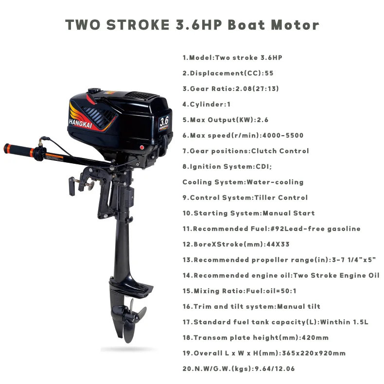 Two Stroke 3.6 Hp Powerful Petrol Boat Motor For 2.02.6 M Inflatable Kayak Boat 34 Person