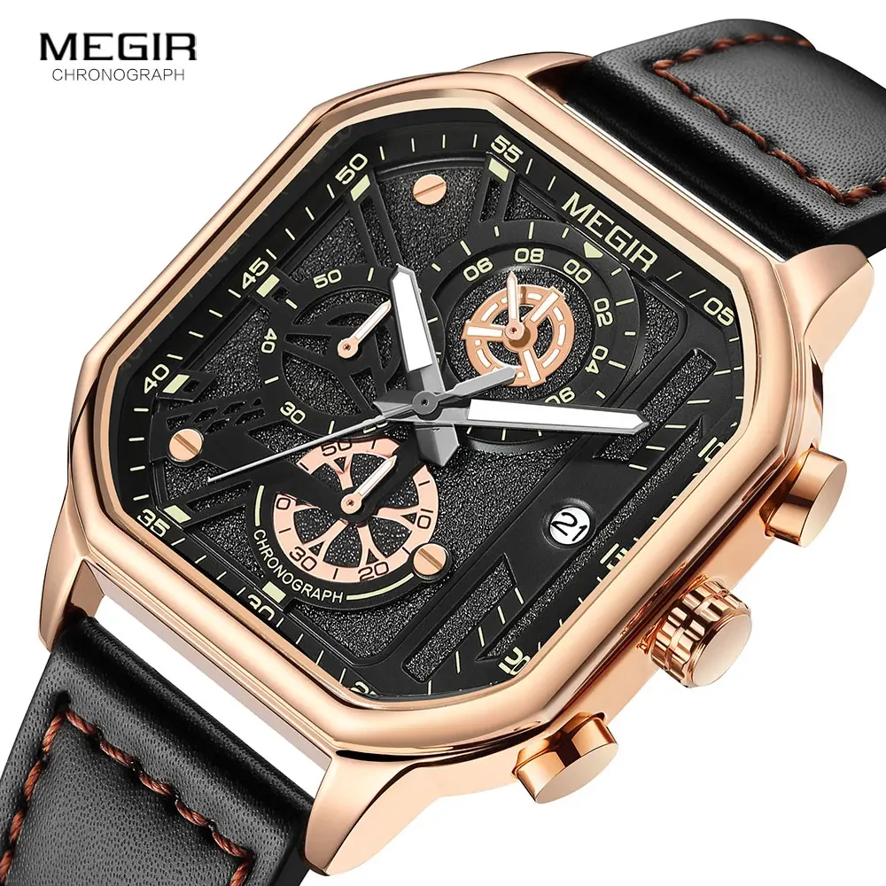 

MEGIR Rose Gold Black Watch Men Fashion Leather Strap Sport Analog Quartz Wristwatch with Chronograph Auto Square Dial 8106