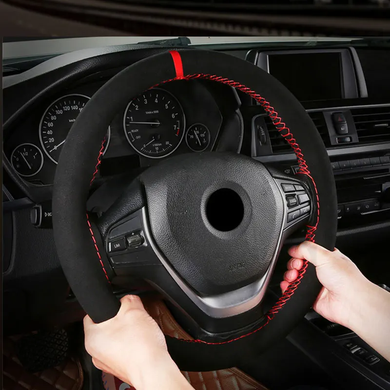 Premium Fur Steering Wheel Cover Universal Car Steering Wheel Braid Cover with Needles and Thread Anti Slip Interior Protector