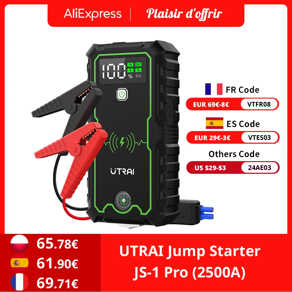 68.79€ 57% OFF|Utrai 2500a Power Bank Auto Starthilfe tragbare Autobatterie Notfall Booster 10w kabelloses Laden 12V Auto Start gerät| | - AliExpress