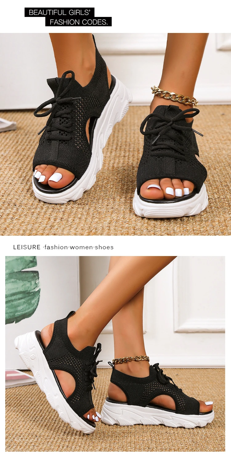 2022 Summer Women Sandals Mesh Casual Shoes White Thick-Soled Lace-Up Sandalias Open Toe Beach Shoes for Women New Zapatos Mujer