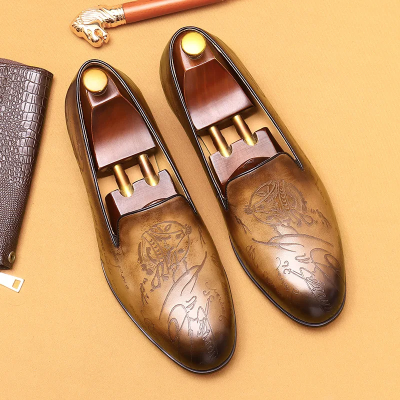 Vintage Mens Dress Shoes Loafers Luxury Genuine Leather Summer Brand Designer Slip on Wedding Business Social Shoes Slip On