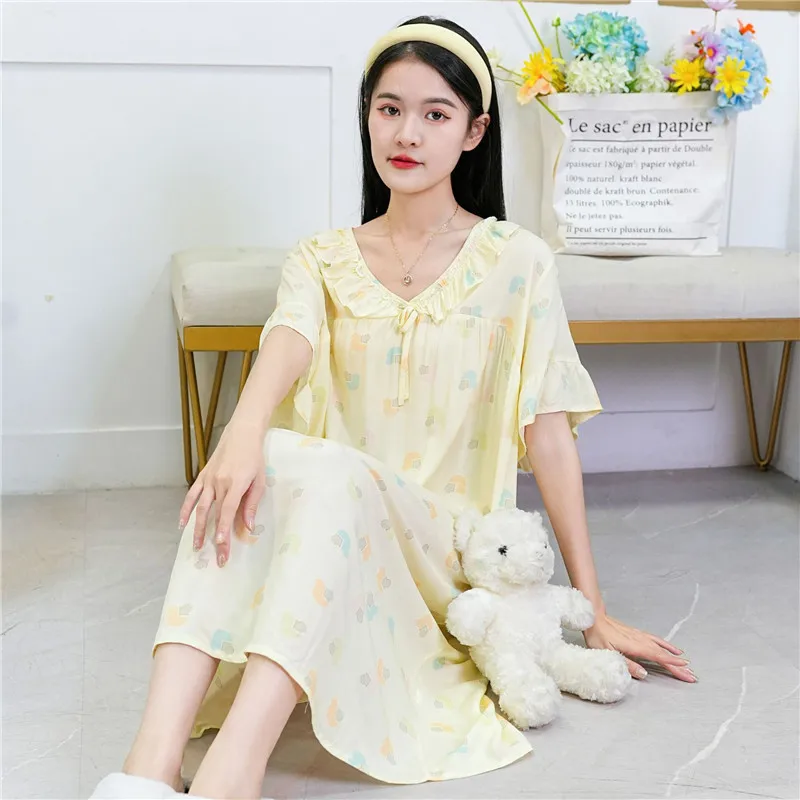 Loose Comfortable Sleepwear Cotton Rayon Night Dress Women New Casual Printed Nightgowns Female Summer Home Wear Nightshirt