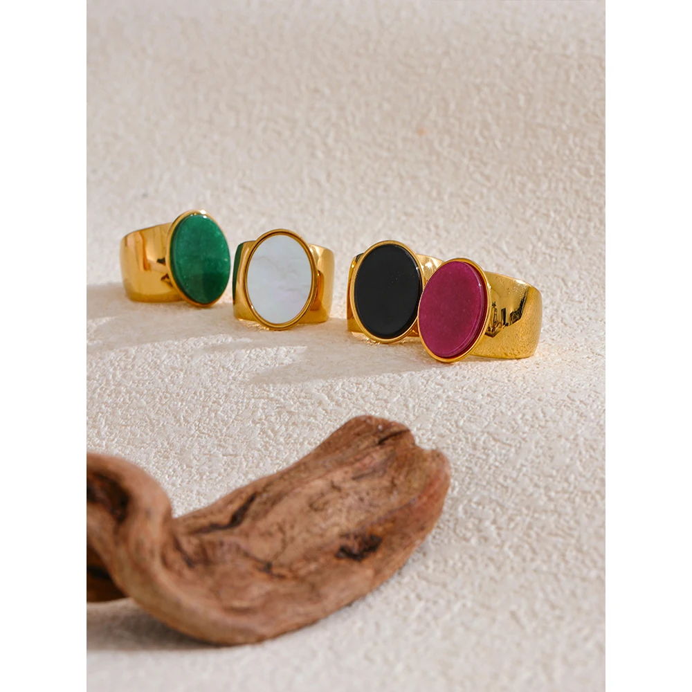 Yhpup PVD Plated Stone Stainless Steel Gold Color Wide Ring