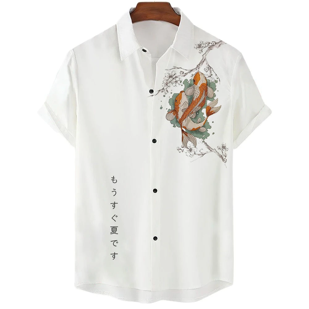 

Summer Hawaiian Shirt For Men Japanese Harajuku Koi Fish 3D Pinrt Shirts Fashion Street Beach Tops Oversized Unisex Clothing