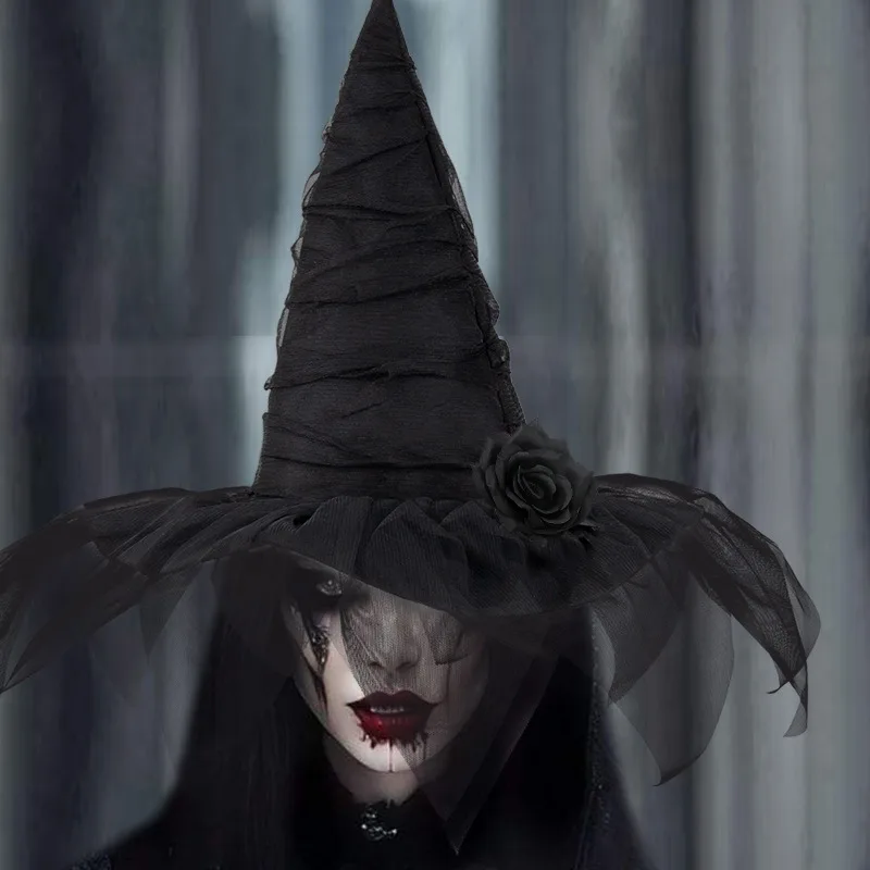 Halloween Baroque Witch Hat cosplay hat Mesh Simulation Flower Dress Up Accessories Gothic Queen Cosplay Witch Makeup Ball Party Hat