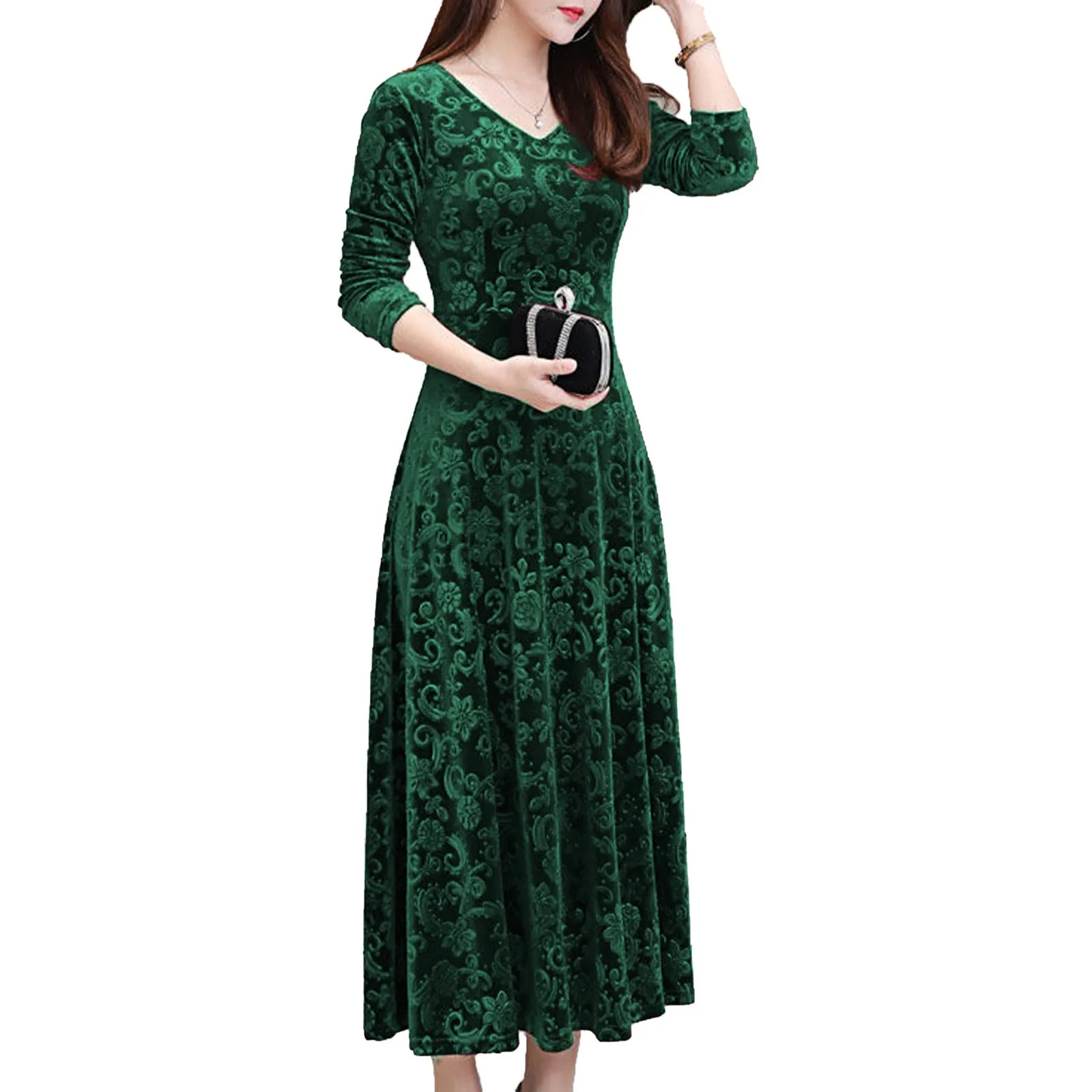 

Women'S Fashion Retro Printed Dress V-Neck Pullover Slim Fitting Long Sleeve Dress New Medium Length Elegant Party Dresses