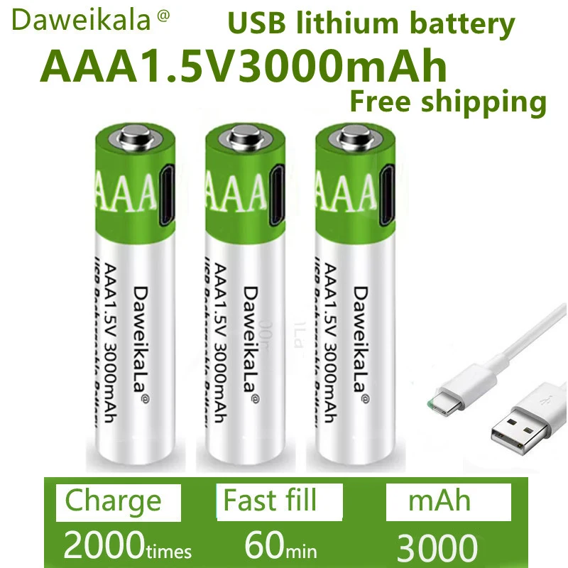Rechargeable Lithium Batteries Battery AAA USB Batteries Rechargeable 1.5V 3000 mAh li-ion battery for remote control mouse Electric toy battery + Type-C Cable