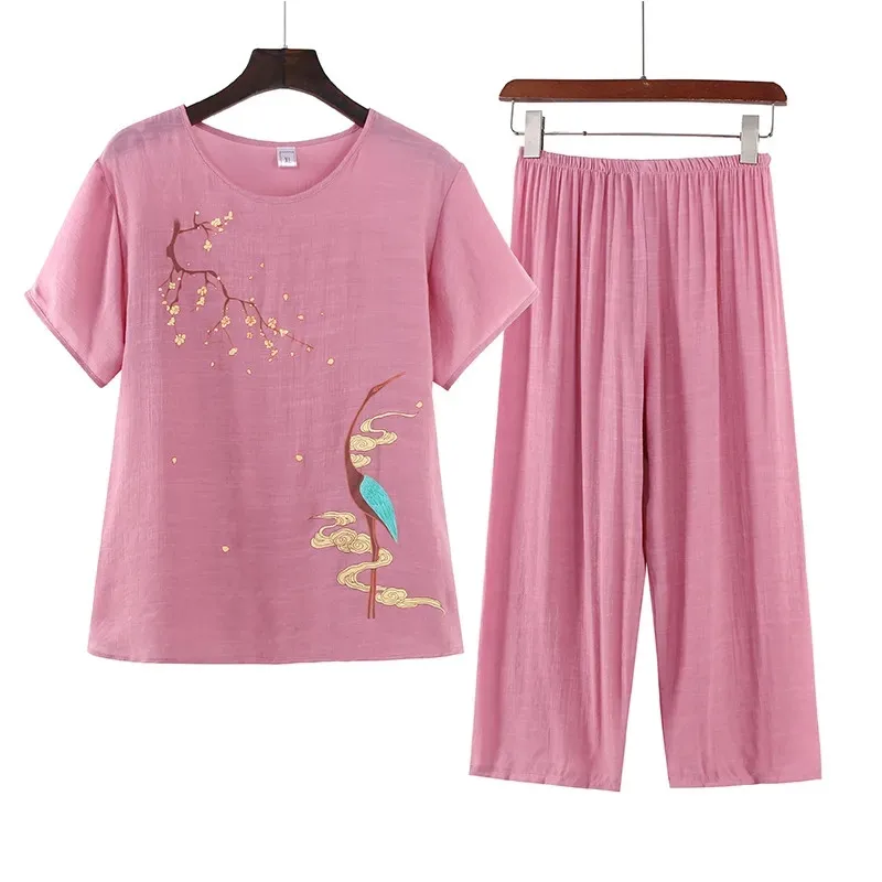 

Middle Aged Women Summer Cotton Linen Short Sleeve Two Piece Set Summer Ladies Pajamas Top + Pants Two-Piece Set Home Service