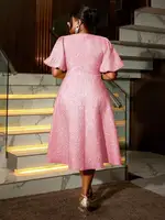Plus Size Pink Rose Jacquard A-Line Dress with Puff Sleeves & Bow Detail - Image 2