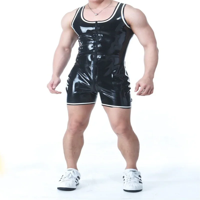 Latex Rubber Gummi Leotard Unique Short Jumpsuits Cool Rompers Black with White 0.4mm