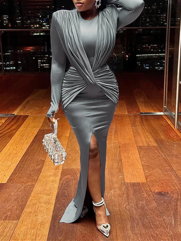 

Sexy Slim Long Evening Dresses Elegant Patry Gown Long Sleeve Vestido Black Shirring Split Bodycon Maxi Robe Femme