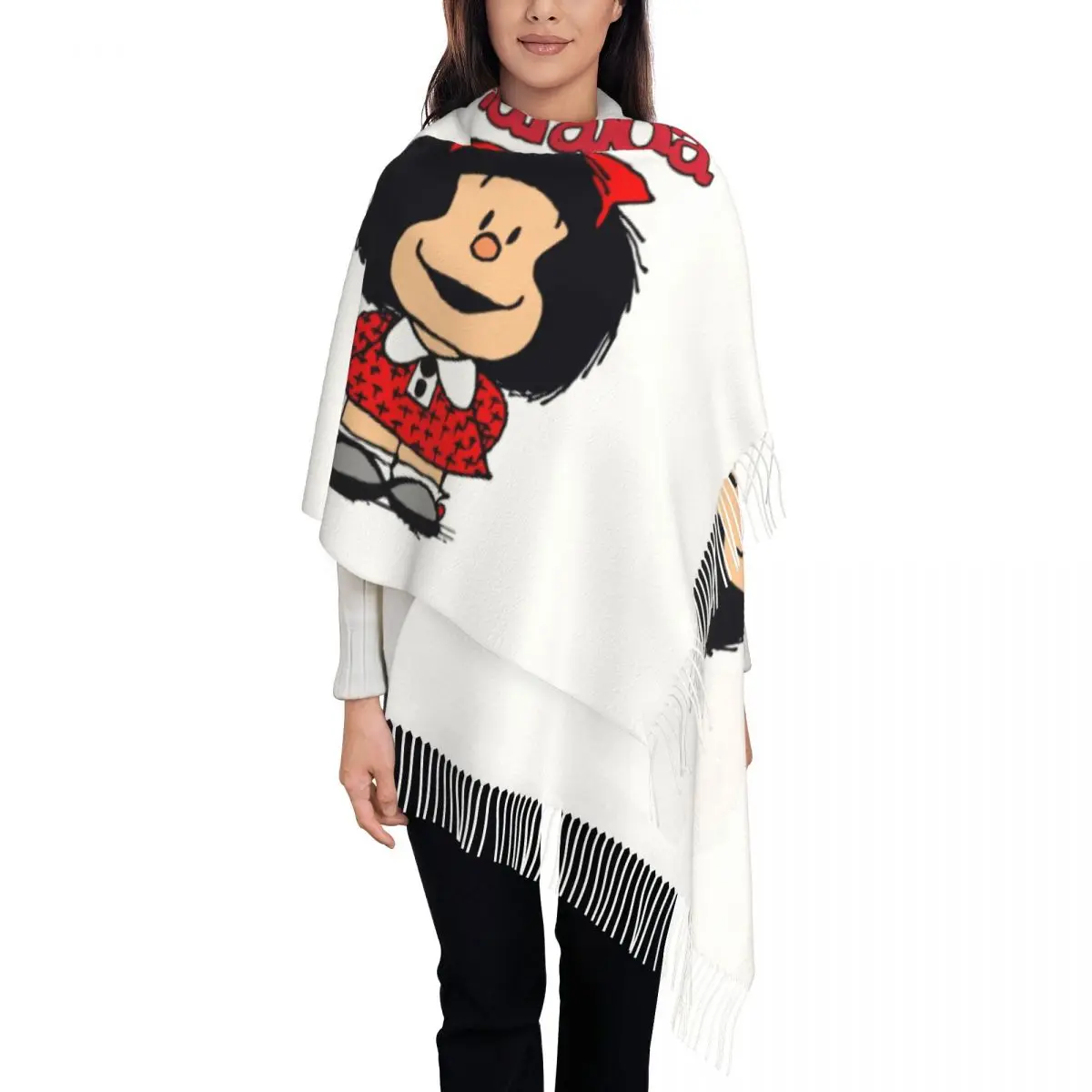 

Fashion Cute Mafalda Tassel Scarf Women Winter Warm Shawls Wraps Ladies Argentine Cartoon Quino Comics Scarves