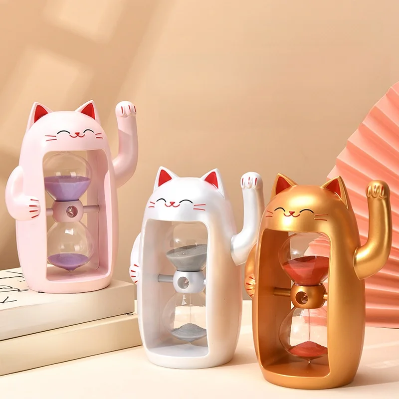 창의적인 고양이 모래시계 데스크탑 타이머 거실 프론트 데스크 장식 부를 끌어들이는 고양이 선물 장식품