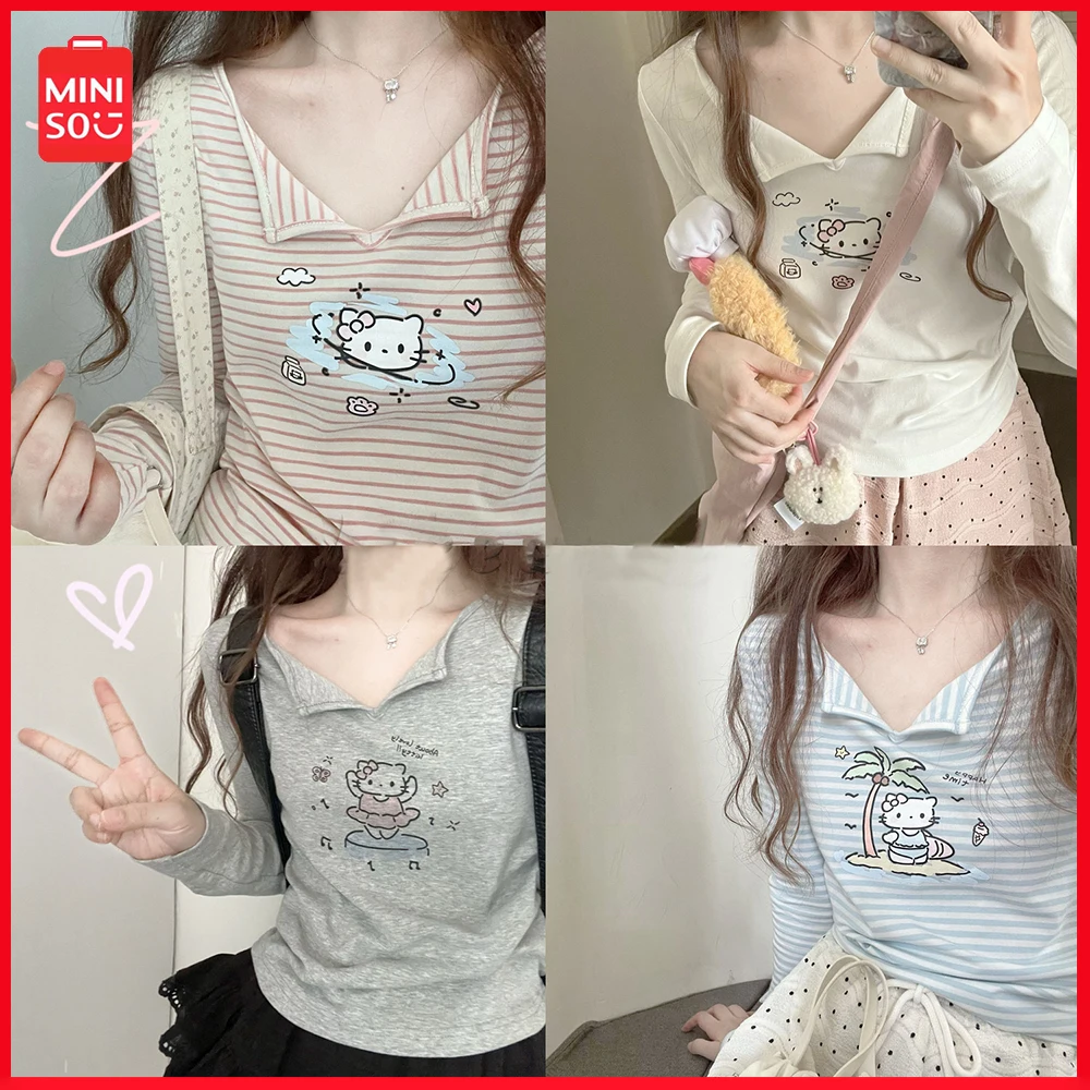 

New Miniso Y2K Sanrio Hellokitty V-Neck Long-Sleeved T-Shirt Women Korean Striped Thin Bottoming Shirt Inside Out Tops Pullover