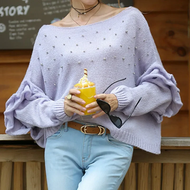 

Women Autumn Sweater Sweet Beading Knitting Solid Slash Neck Winter Female New Fashion Light Purple Loose Casual Splice Sweaters