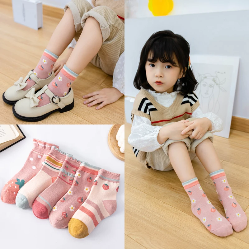 Girls' cute strawberry socks  children's spring and autumn cotton socks, girls' lace princess socks 10pcs 5pairs women socks heart dot solid cute socks short socks slippers cotton blends low cut ankle boat socks spring autumn