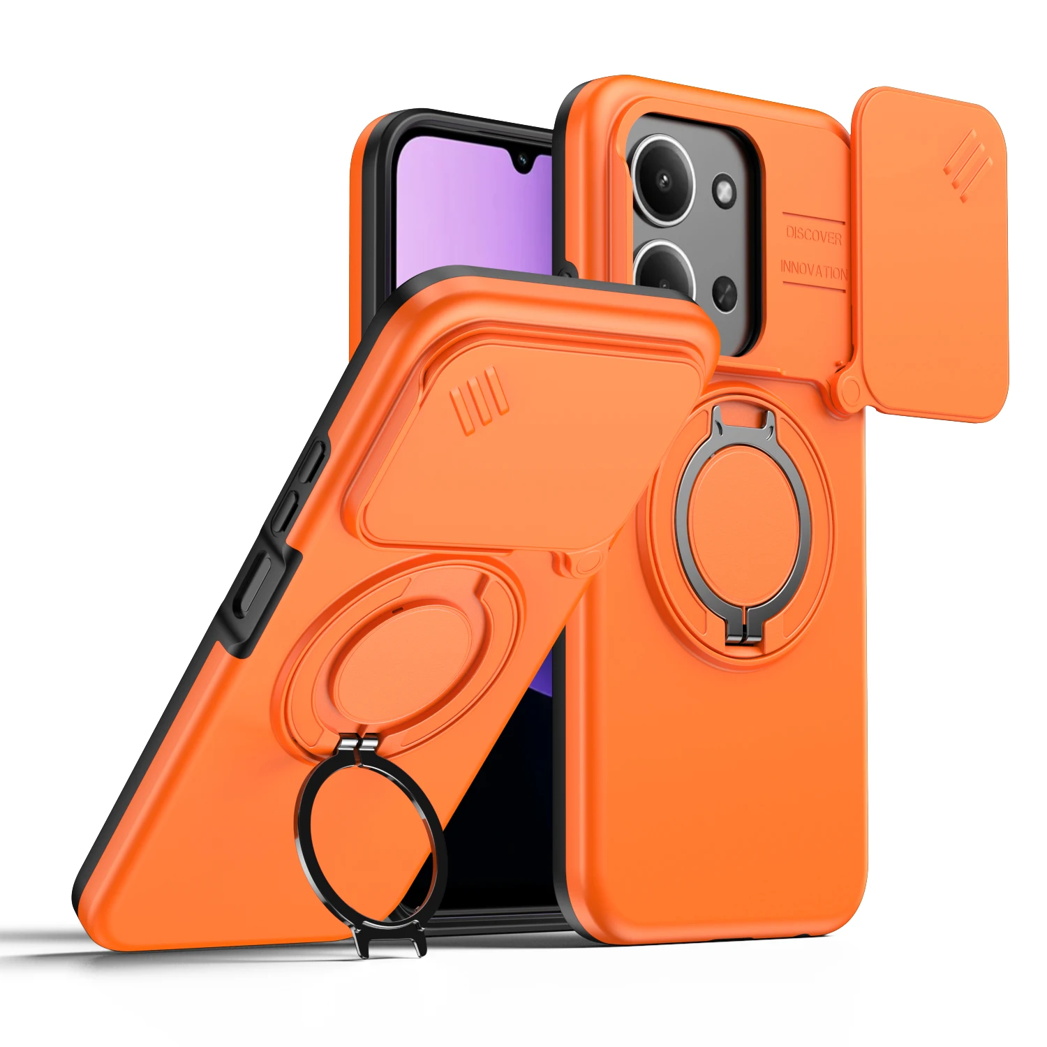 Shockproof Sliding Camera Cover Case with Metal Ring Stand and TPU Frame - Armor Series