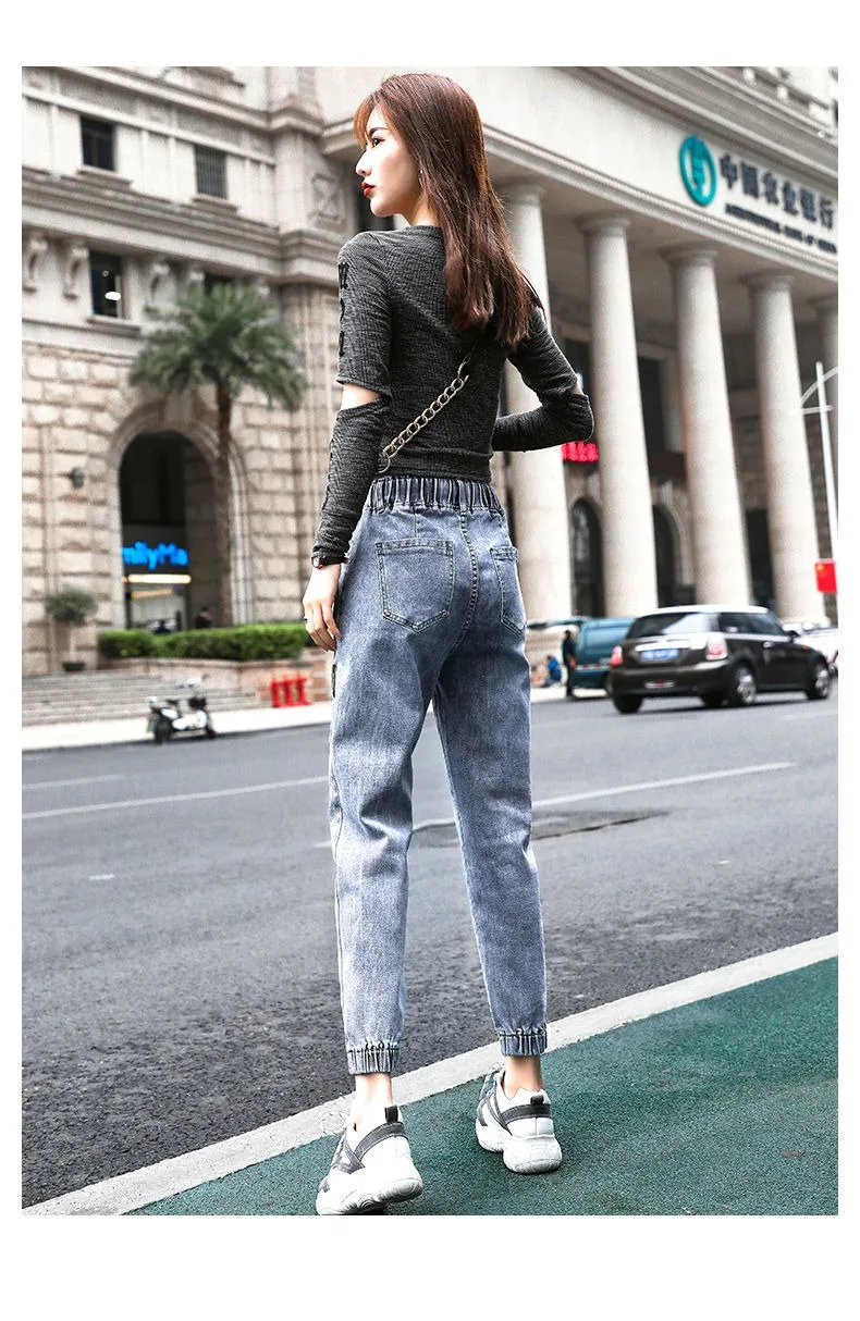 Damen lose Harem Jeans elastische Taille 2024 Frühling Herbst koreanischen Stil hohe Taille gerade kurz geschnittene Harems hose schwarz hellblau – Detail 4