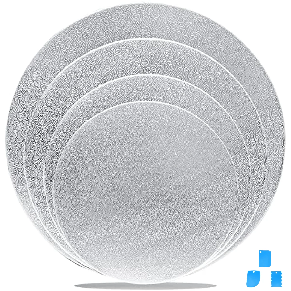 Round Cake Boards with Scraper, Silver Foil, Round Cake Circles, Base Cardboard, Reusable for Baking, 6,8,10,12Inch, 4Pack