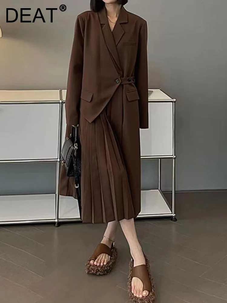 

DEAT Fashion Women Blazer Dress Notched Collar Long Sleeves Fake 2 Pieces Loose Pleats Suit Dresses Autumn 2023 New Tide 17A9905