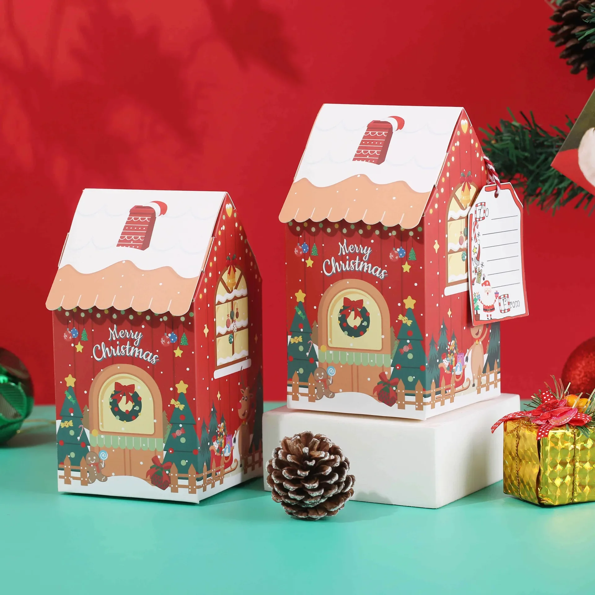 1-60PCS Weihnachten Schneemann Lebkuchen Haus Kleines Haus Süßigkeiten Keks Boxen Bogen Boxen Geschenk Farbe Boxen Weihnachten Dekorationen – Detail 4