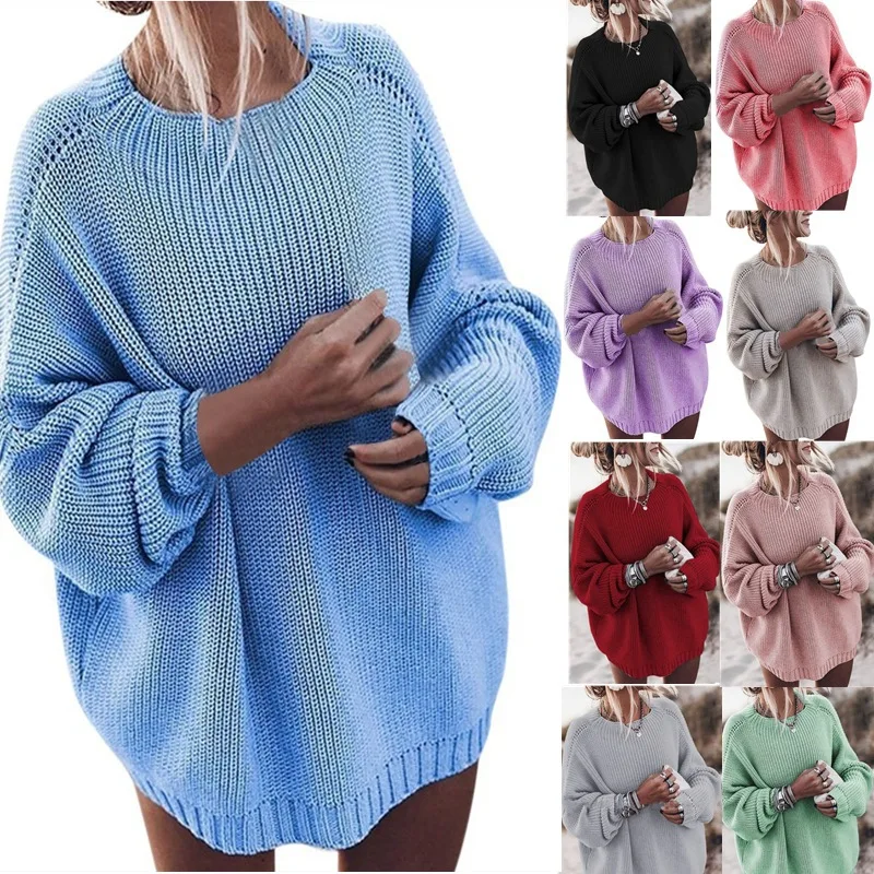 

Bat Sleeve Large Sweater Coat Women's 2023 Winter New Product Solid Round Neck Loose Relaxed Knit