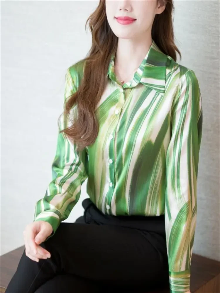 

Green Blouse Women's Satin Shirt Silk Shirt For Woman New Print Laple Top Long Sleeve Woman Clothes Shirts Cardigan Female Shirt