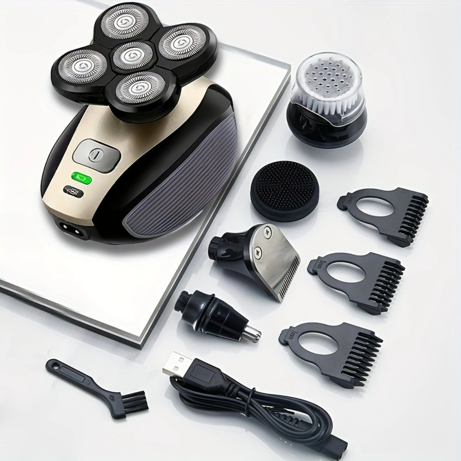 Ergonomic Rechargeable Multifunctional Men'S 5-In-1 Shaver - Wet/Dry Grooming Essentials for Bald Head Care