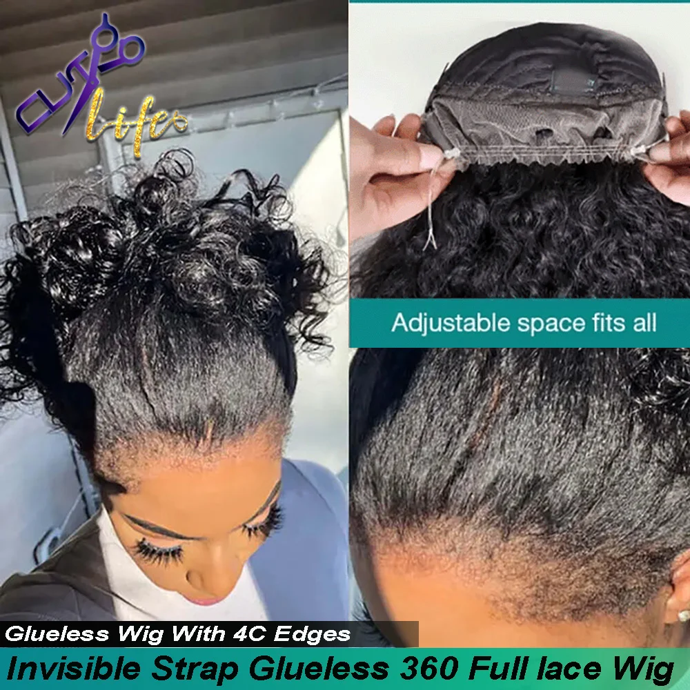 Invisible Strap Kinky Straight Wig Pre Cut Lace Wig With 4c Kinky Edges 360 Full Lace Remy 7x5 4x4 Pre-cut Closure Wigs