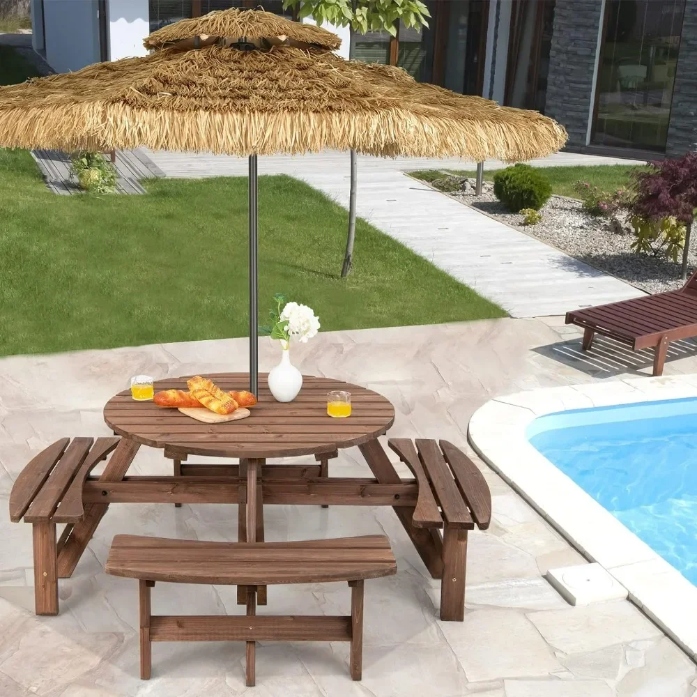 

8 Person Wood Picnic Table, Outdoor Round Picnic Table w/4 Built-in Benches, Umbrella Hole, Outside Table & Bench Set for Garden