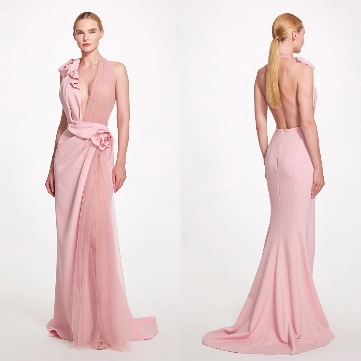 

Женское вечернее платье-русалка, розовое плиссированное платье для выпускного вечера с V-образным вырезом и цветами