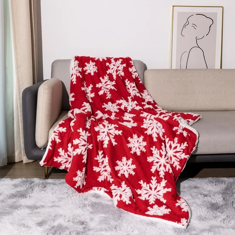 

Red Winter Double Layer Thickened Blanket Snowflake Plush Velvet Sheet Christmas Couch Cover Blanket Home Decoration 130x160cm