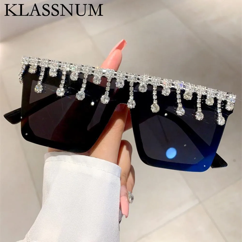 

KLASSNUM Vintage Oversized Square Sunglasses with Rhinestones Fashion Women Shades Trendy Luxury Brand Designer Eyewear Goggles