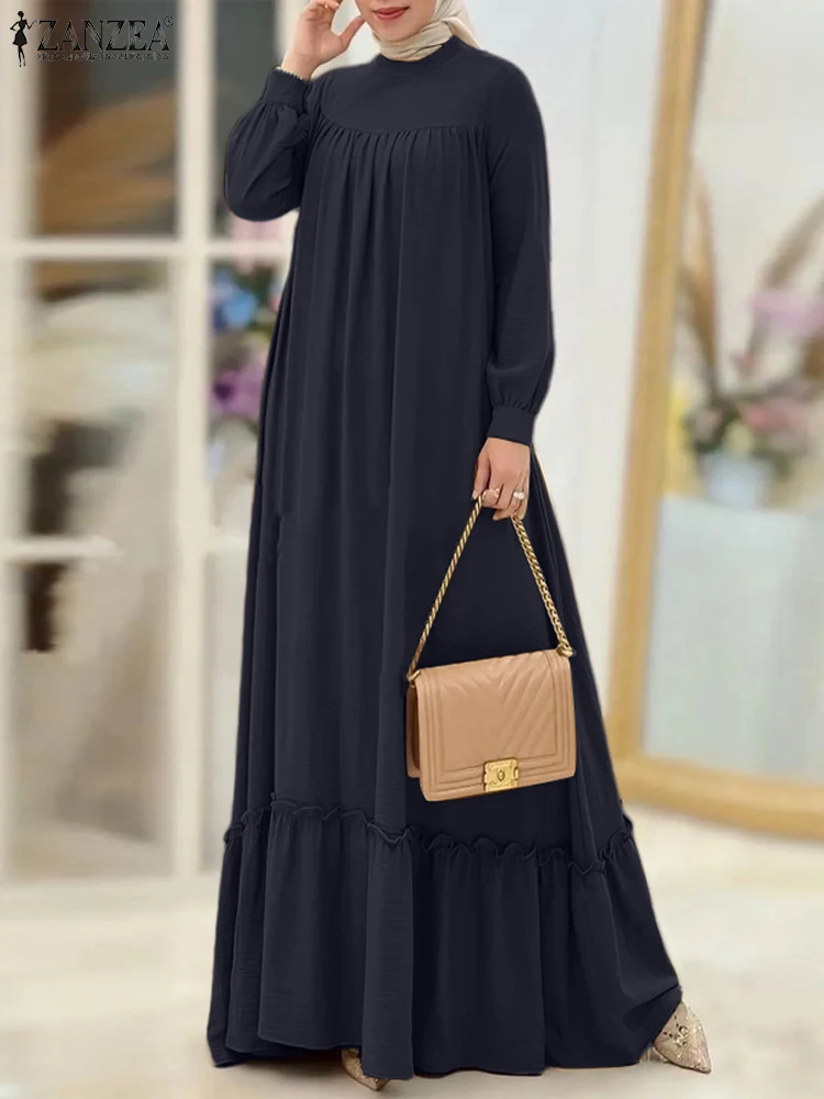 ZANZEA Women Muslim Dress Abaya Autumn Maxi Long Dress Kaftan Dubai Vestidos Robe Sleeve Solid Ruffles Hem Sundress