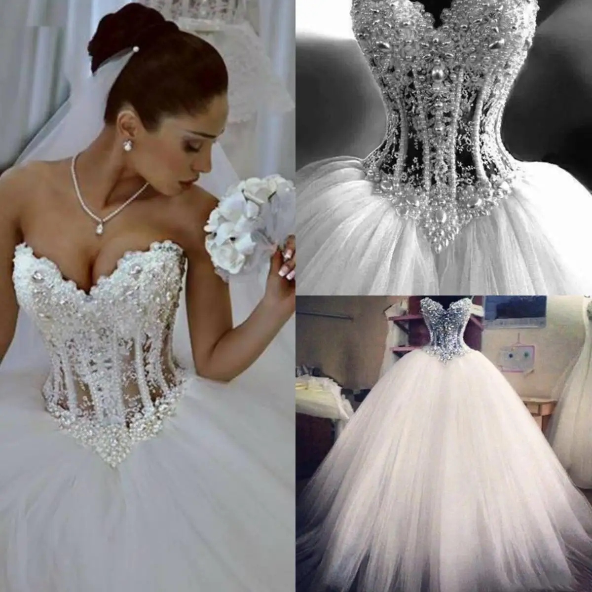 Sweetheart Corset A Line Wedding Dress Pearls Beaded Arabic Dubai Long Ivory Gowns Strapless Sleeveless Floor Length