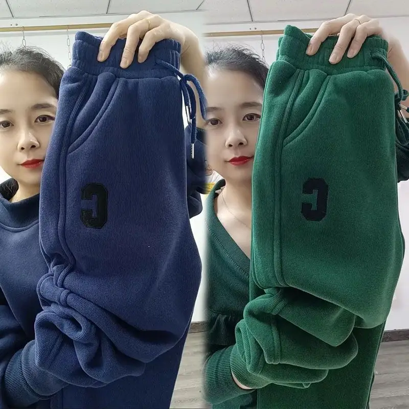 Add Velvet Winter Sweatpants Women Letter Print High Waist Korean Harem Pantalones All-Match Fleece Lined Oversized Baggy Pant