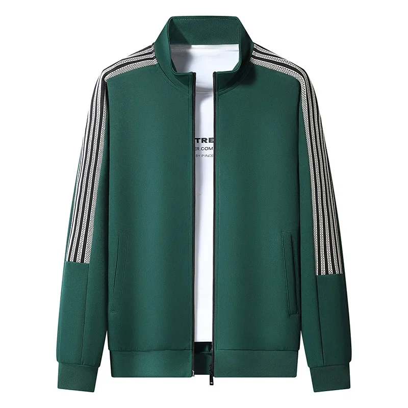 مجموعة ملابس رياضية كاجوال للرجال بأكمام طويلة وسحاب وقلنسوة وسترة مفتوحة وياقة واقفة وتصميم ثلاثة أشرطة ملابس للأب الشباب