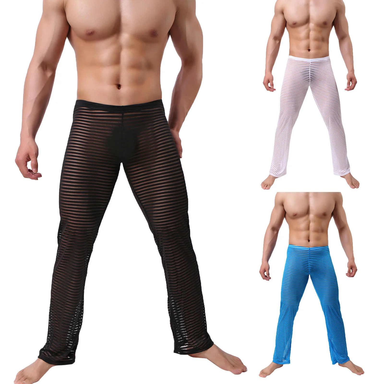 

Mens Loose Casual Pajama Pants Striped Mesh See Through Long Trousers Breathable Lounge Sleep Bottoms Sexy Sleepwear Homewear
