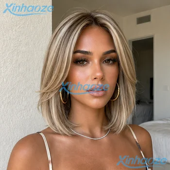 Parrucche corte bob in capelli umani con mèches biondo cenere # Parrucche Bob Corte 613 con Frontale in Pizzo 13x4, Pre-Piumate, Densità 180%