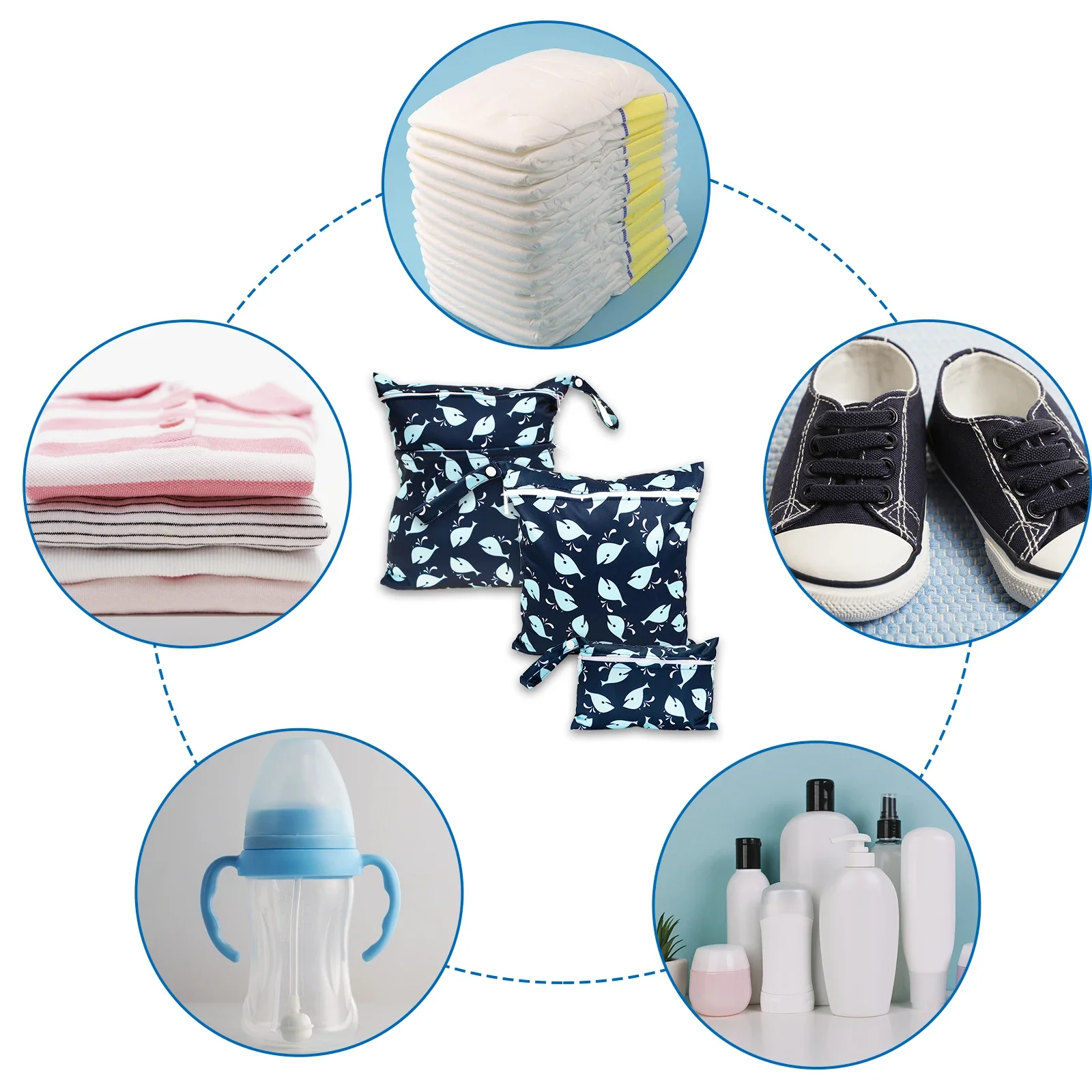 3pcs/set New Cartoon Printed Baby Double Zipper Diaper Bag Washable and Reusable Travel Storage Pouch Stroller Nappy Organizer