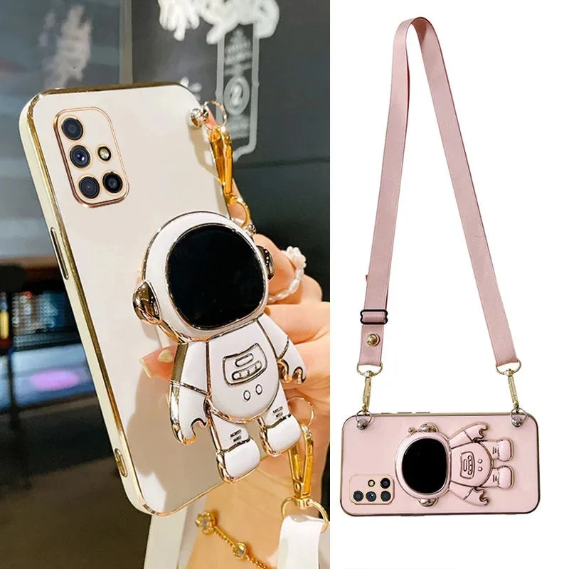 Crossbody Lanyard Astronaut Bracket Plating Case for Samsung Galaxy A51 A71 A21S A31 A81 A91 A11 A10 A20 A30 A50 A70 A7 2018_voghion.com