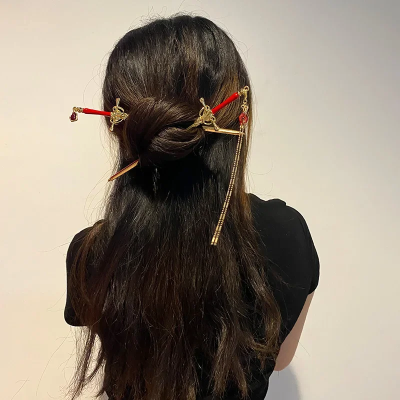 Hair stick Punk Ruby Pendant Sword Hairpin Chinese Simple Hair Sticks for Women DIY Hairstyle Hair Dish Accessories Trendy