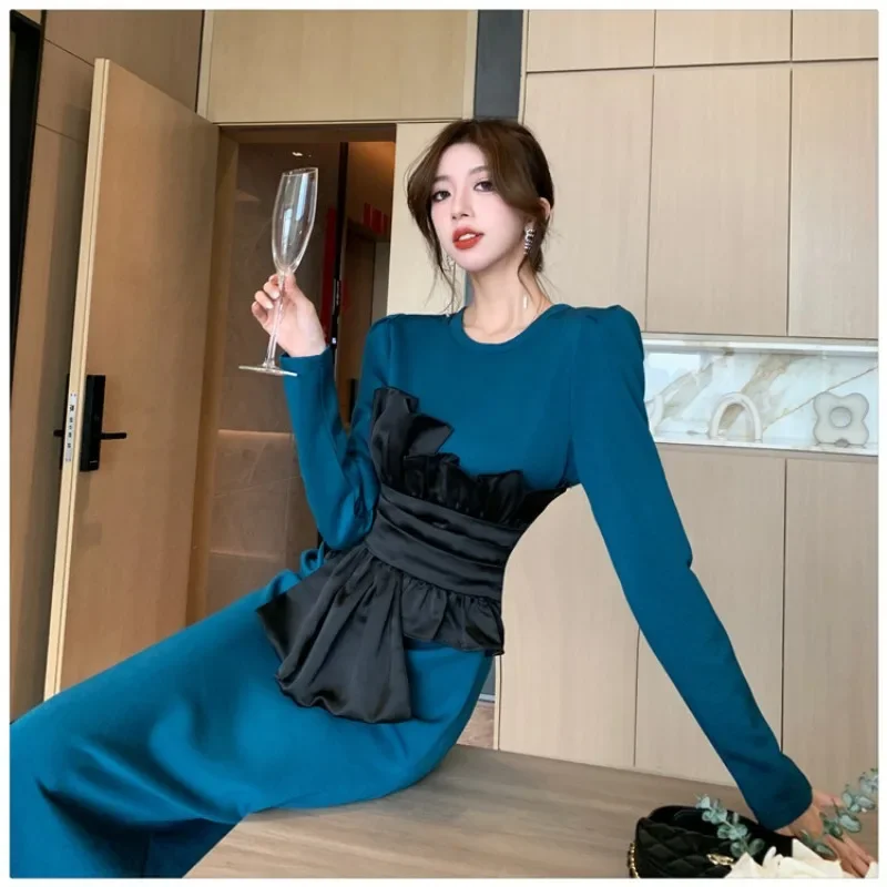 

Fashion Long Bodycon Dress for Women Autumn/winter 2023 Chic Slim Contrast Color Ruffled Casual Dress Ladies OL Elegant Dresses